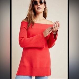 Anthropologie Elise Ribbed Tunic Red Bell Sleeve Sweater Top Knit Shirt XS - NWT
